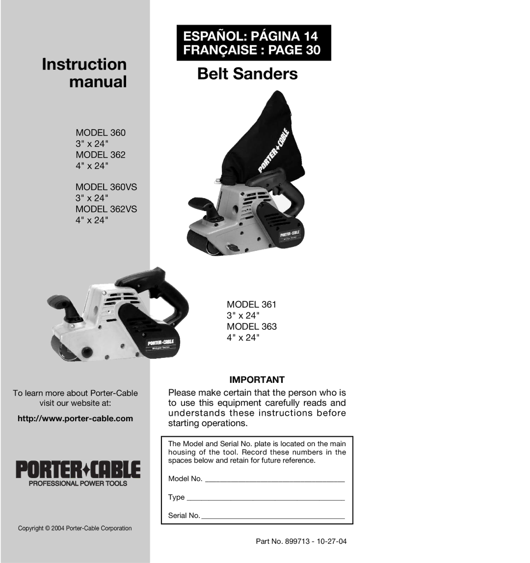 Porter-Cable 362VS, 363, 360VS, 361 instruction manual Belt Sanders 