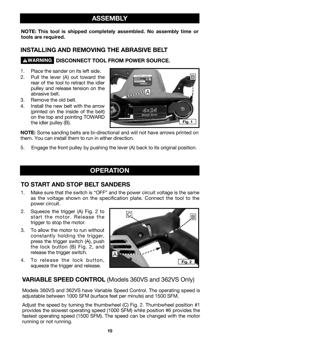 Porter-Cable 363, 362VS, 361 Assembly, Operation, Installing and Removing the Abrasive Belt, To Start and Stop Belt Sanders 