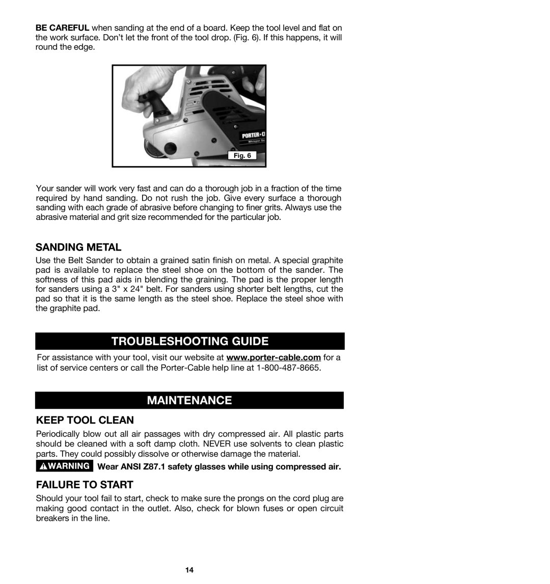 Porter-Cable 361, 363, 362VS, 360VS Troubleshooting Guide Maintenance, Sanding Metal, Keep Tool Clean, Failure to Start 