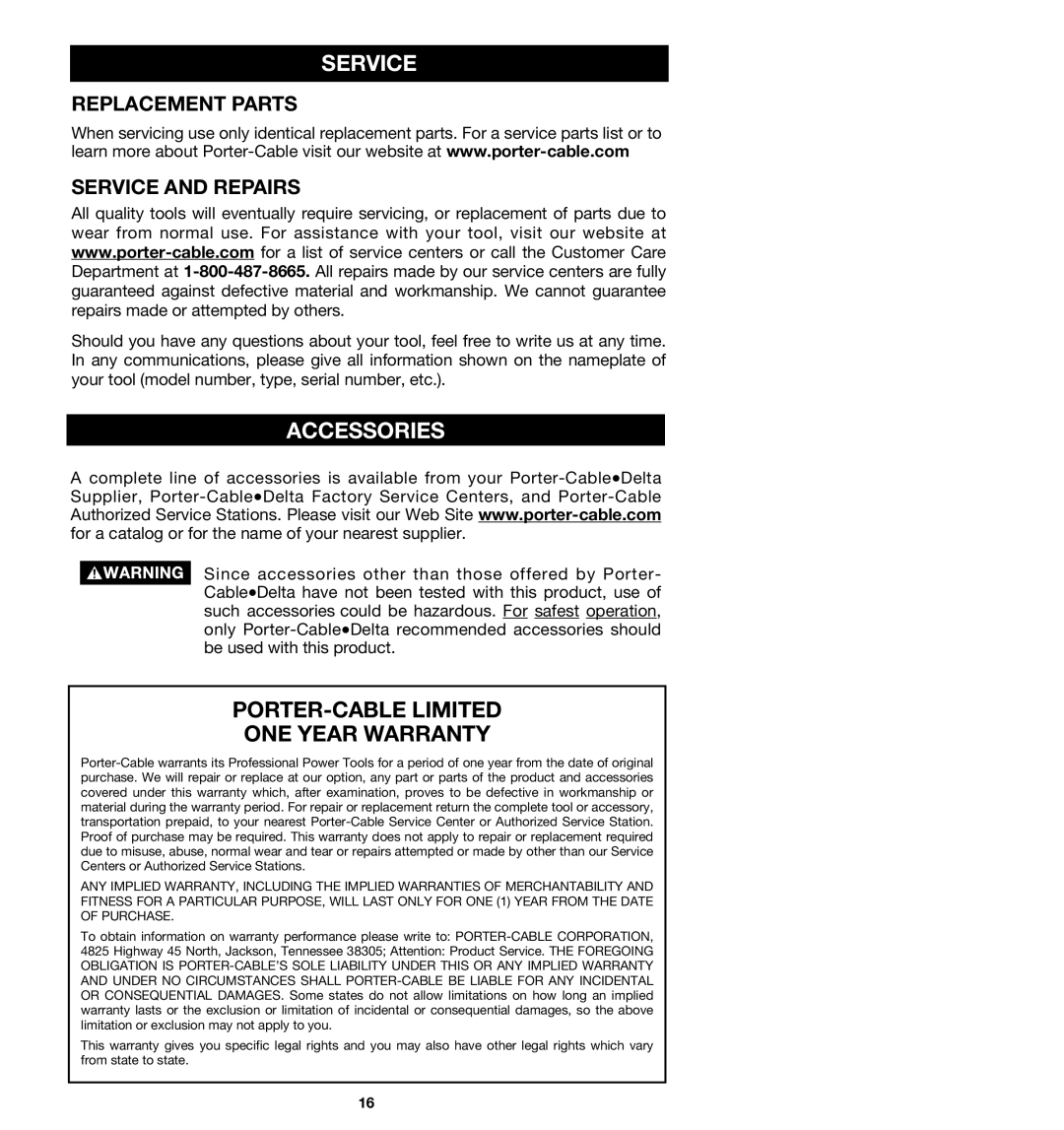 Porter-Cable 362VS, 363, 360VS, 361 instruction manual Accessories, Replacement Parts Service and Repairs 