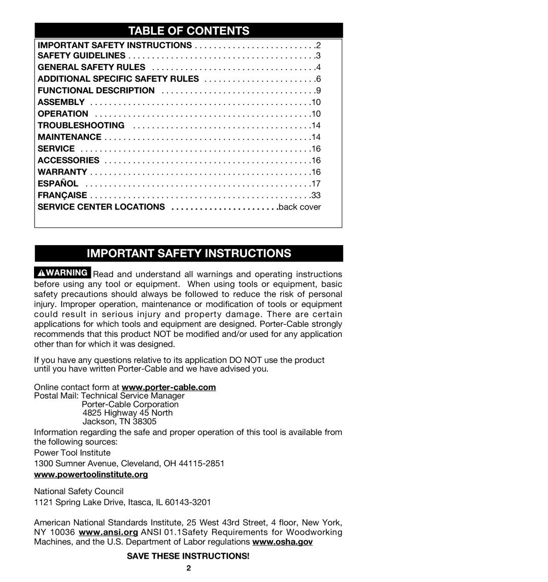 Porter-Cable 363, 362VS, 360VS, 361 instruction manual Table of Contents, Important Safety Instructions 