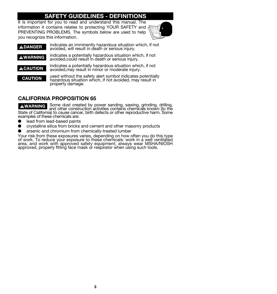 Porter-Cable 360VS, 363, 362VS, 361 instruction manual Safety Guidelines Definitions, California Proposition 