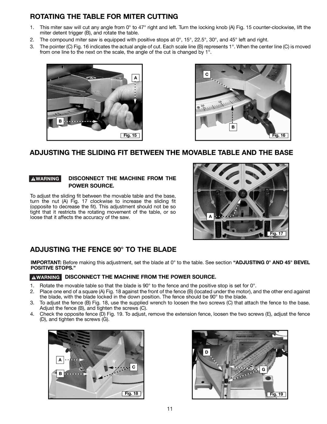 Porter-Cable 3700L instruction manual Rotating the Table for Miter Cutting, Adjusting the Fence 90 to the Blade 