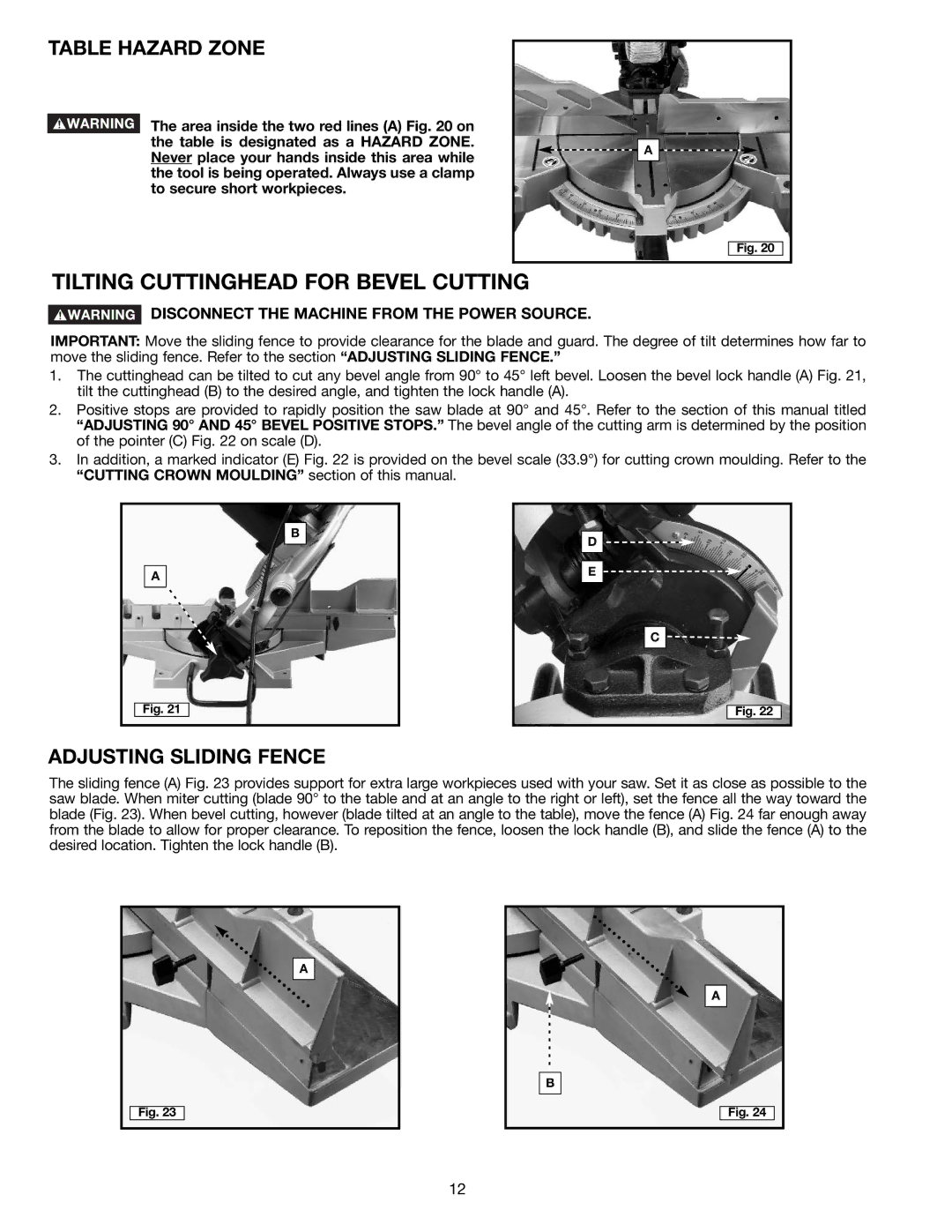 Porter-Cable 3700L instruction manual Tilting Cuttinghead for Bevel Cutting, Table Hazard Zone, Adjusting Sliding Fence 