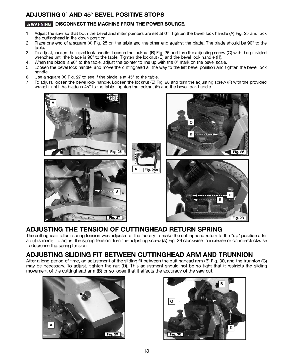 Porter-Cable 3700L Adjusting the Tension of Cuttinghead Return Spring, Adjusting 0 and 45 Bevel Positive Stops 