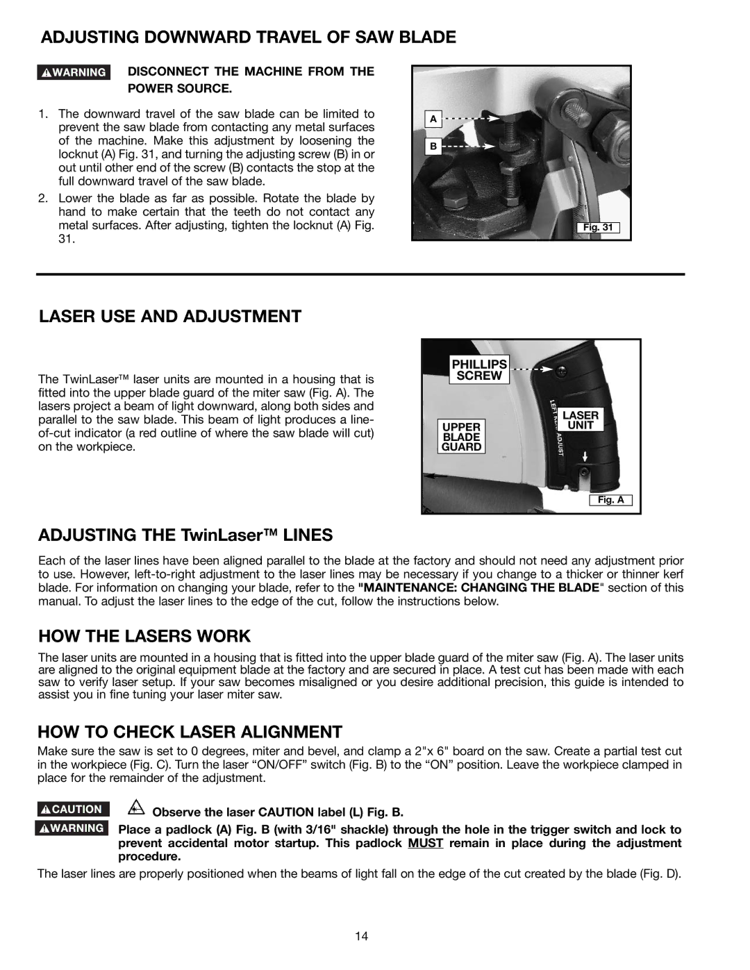 Porter-Cable 3700L Adjusting Downward Travel of SAW Blade, Laser USE and Adjustment, HOW the Lasers Work, Phillips Screw 