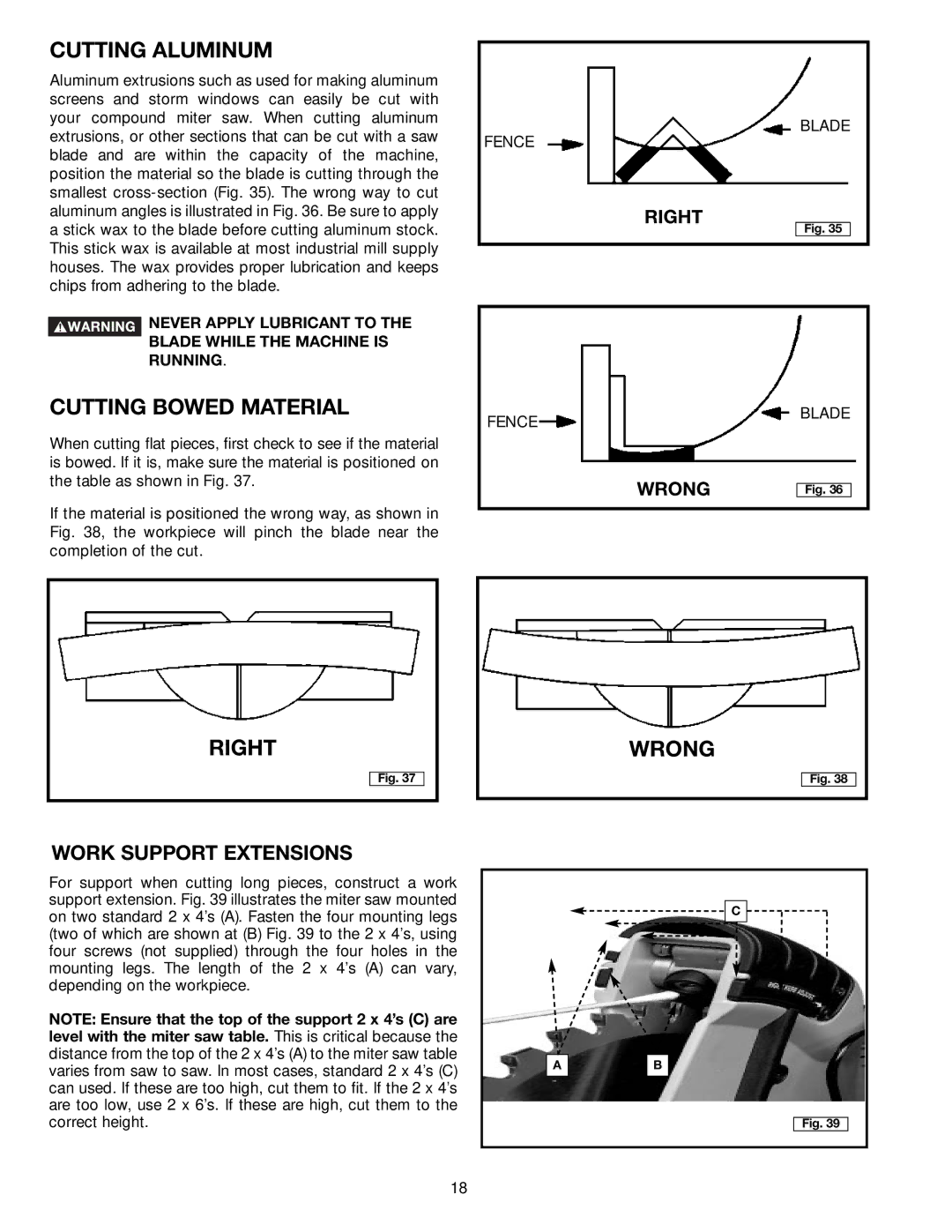 Porter-Cable 3700L instruction manual Cutting Aluminum, Cutting Bowed Material, Right, Wrong, Work Support Extensions 