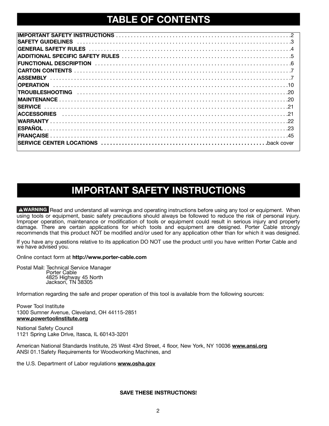 Porter-Cable 3700L instruction manual Table of Contents, Important Safety Instructions 