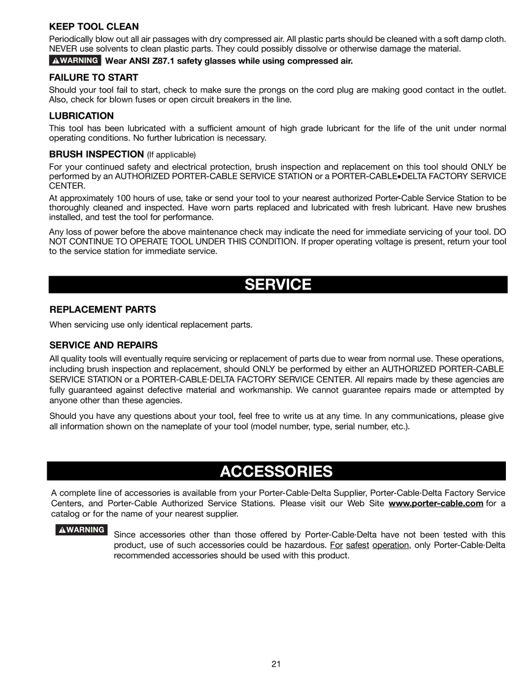 Porter-Cable 3700L instruction manual Service, Accessories 