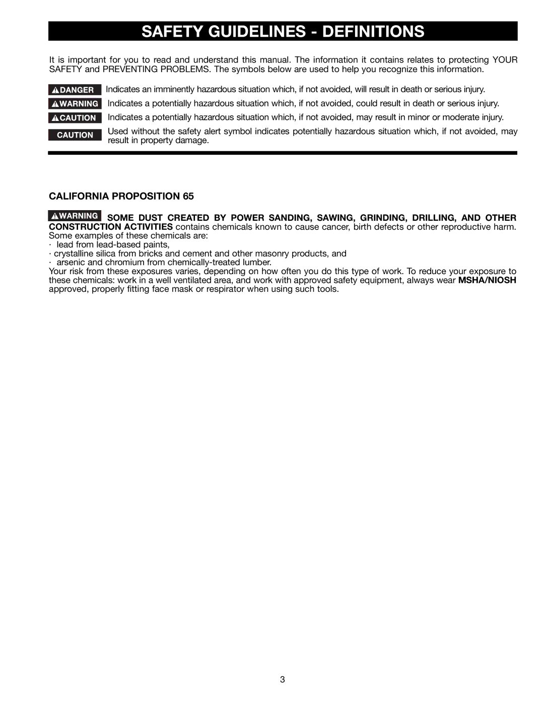 Porter-Cable 3700L instruction manual Safety Guidelines Definitions, California Proposition 