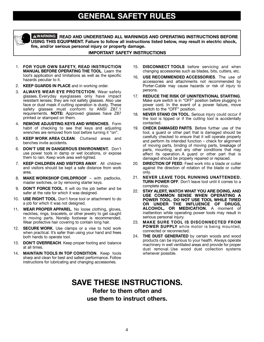 Porter-Cable 3700L instruction manual General Safety Rules, Important Safety Instructions 