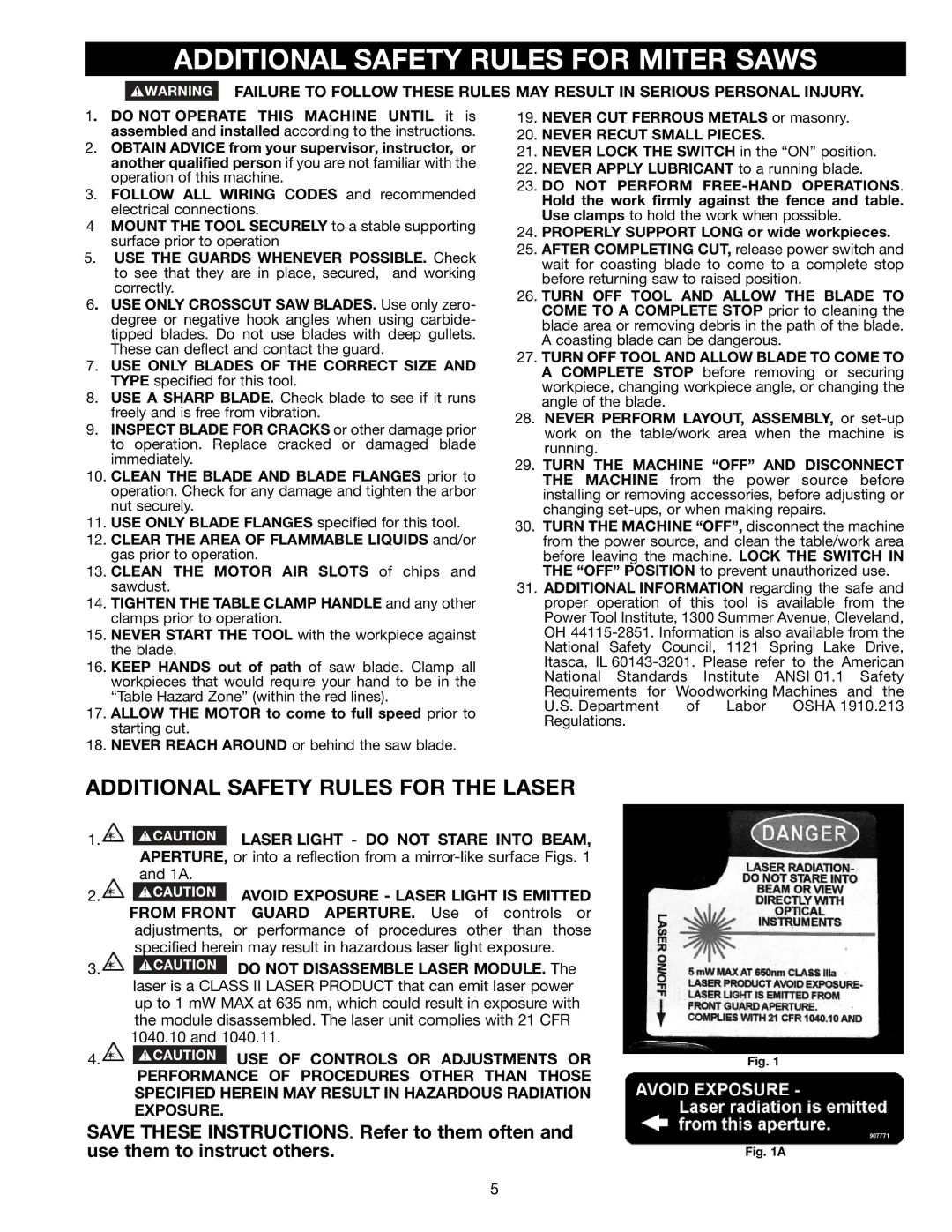 Porter-Cable 3700L Additional Safety Rules for Miter Saws, Additional Safety Rules for the Laser, Never Recut Small Pieces 