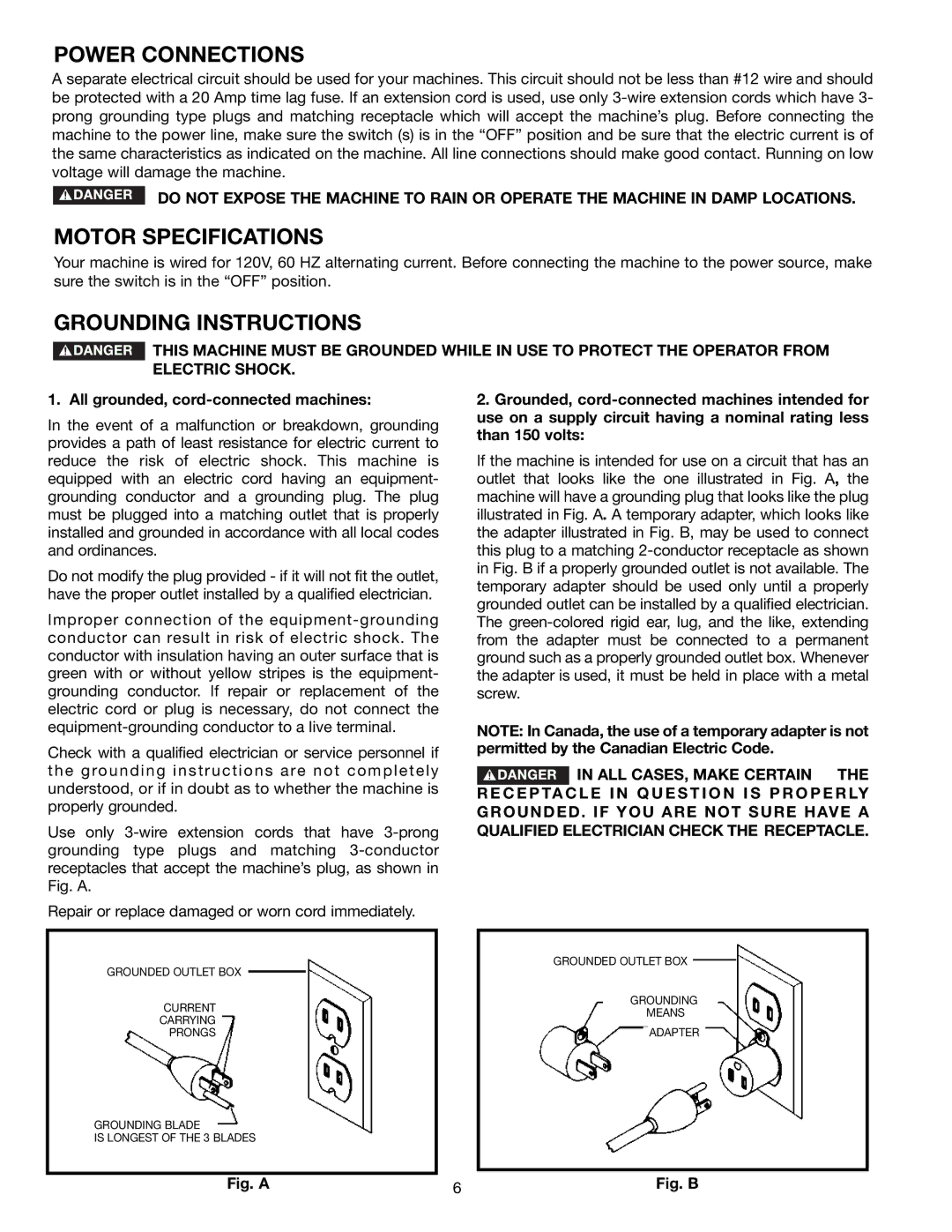 Porter-Cable 3700L instruction manual Power Connections, Motor Specifications, Grounding Instructions 