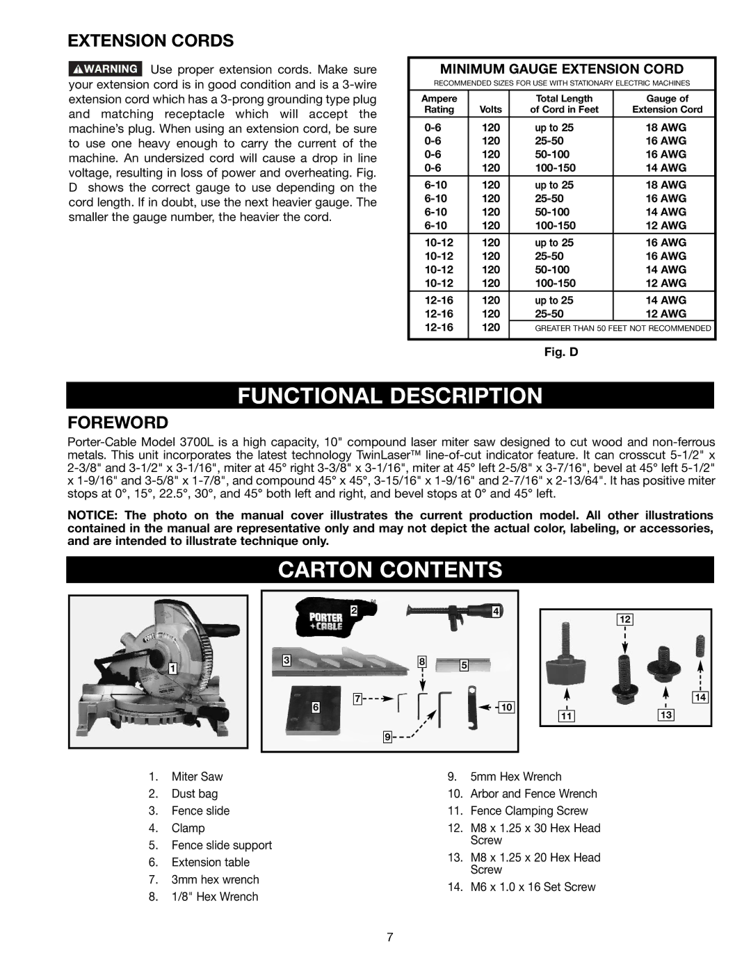 Porter-Cable 3700L instruction manual Functional Description, Carton Contents 