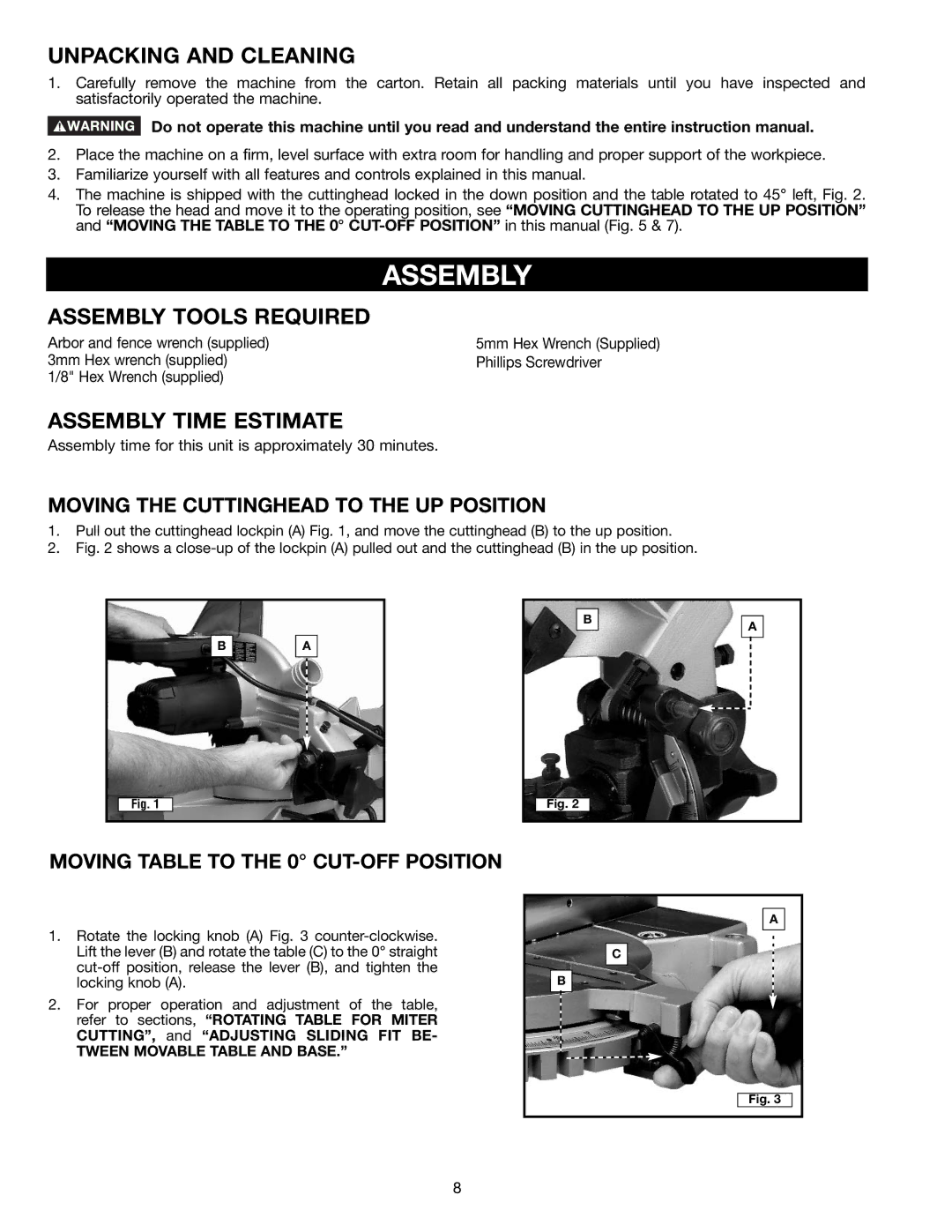 Porter-Cable 3700L instruction manual Unpacking and Cleaning, Assembly Tools Required, Assembly Time Estimate 