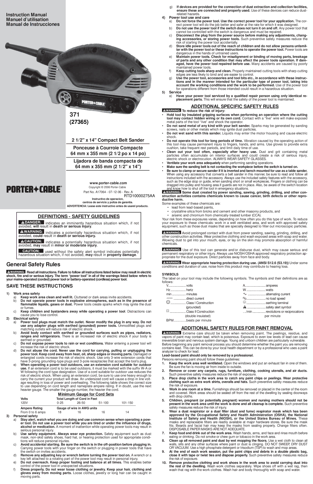 Porter-Cable 371 instruction manual General Safety Rules, Definitions Safety Guidelines, Additional Specific Safety Rules 