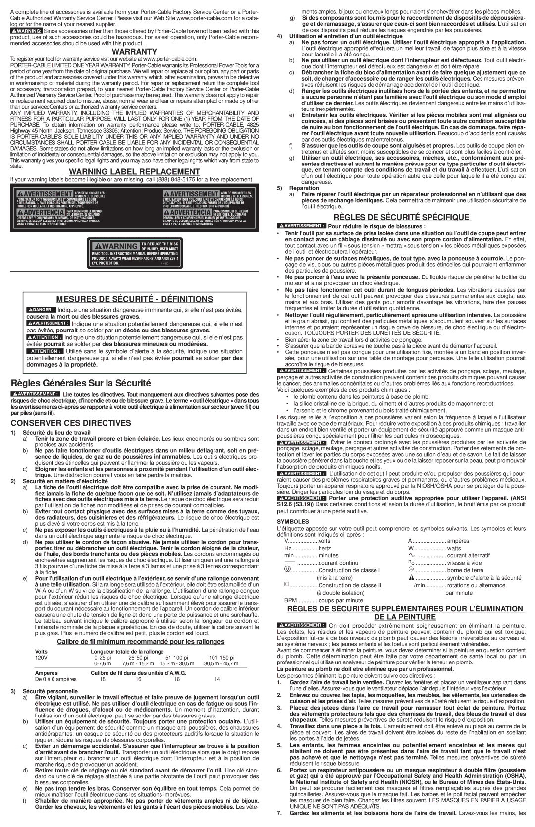 Porter-Cable 371 Règles Générales Sur la Sécurité, Warranty, Mesures DE Sécurité Définitions, Conserver CES Directives 