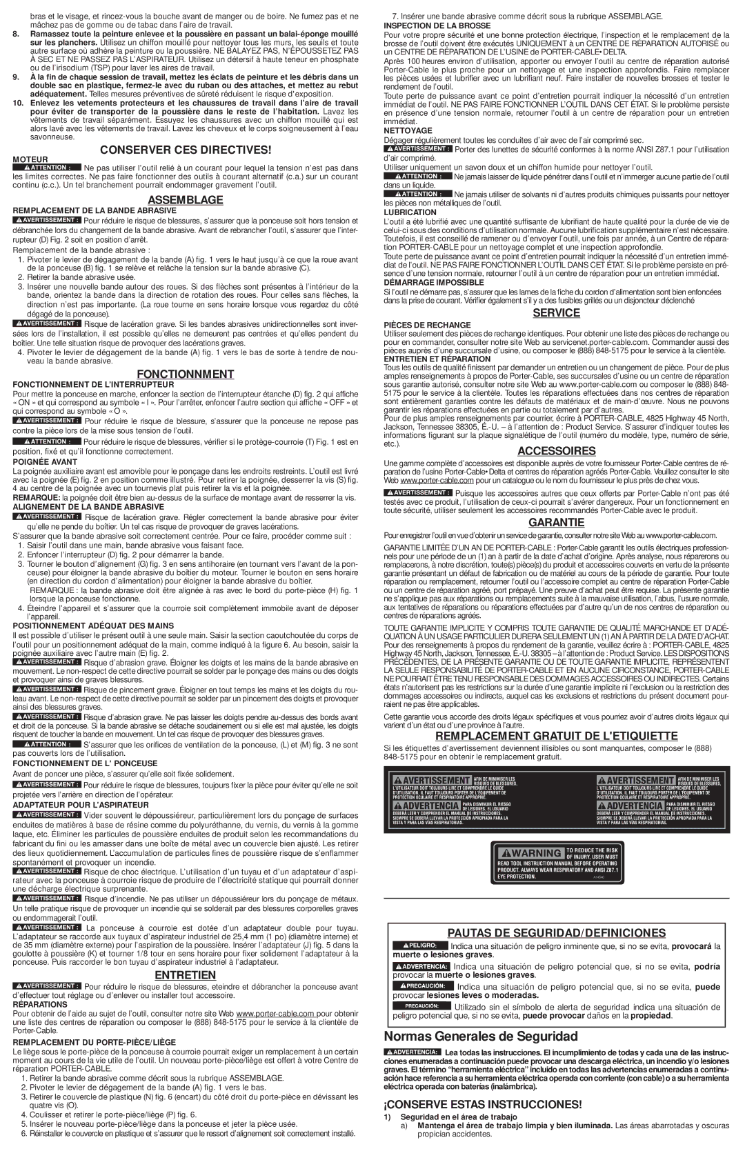 Porter-Cable 371 instruction manual Normas Generales de Seguridad 