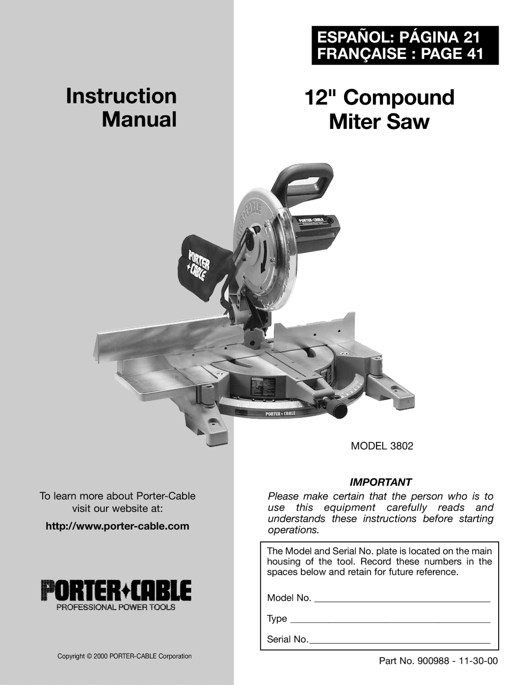 Porter-Cable 3802 instruction manual Instruction 