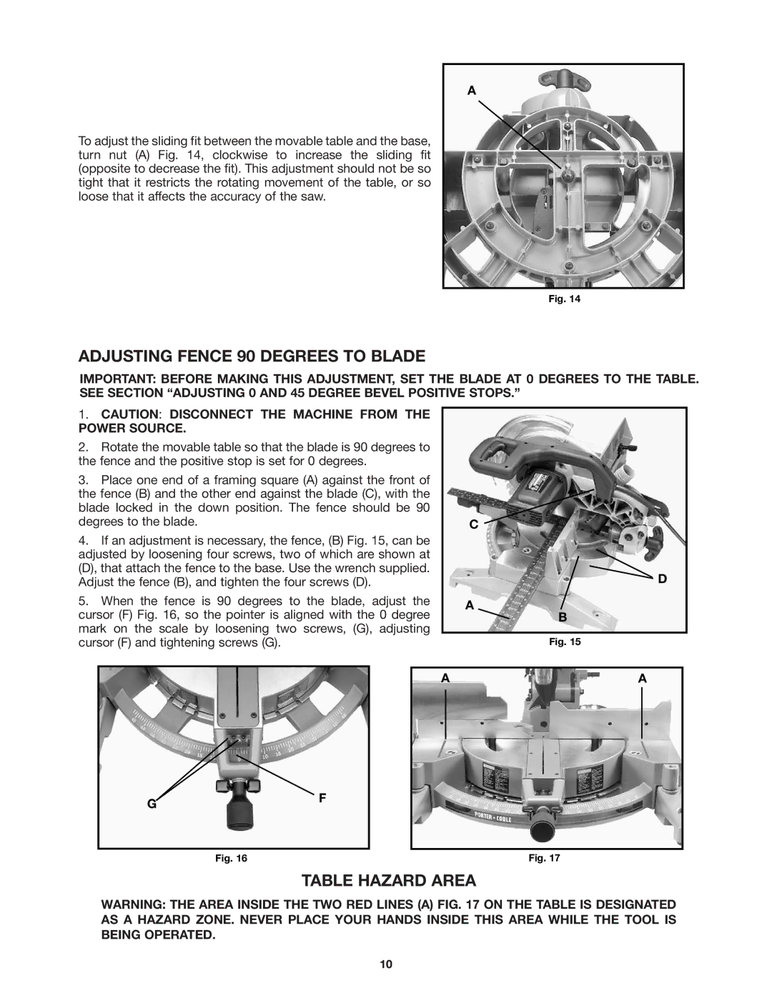 Porter-Cable 3802 instruction manual Adjusting Fence 90 Degrees to Blade, Table Hazard Area 