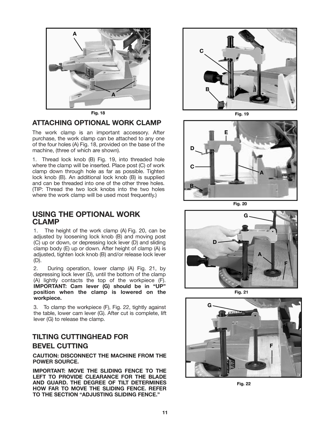 Porter-Cable 3802 instruction manual Attaching Optional Work Clamp, Tilting Cuttinghead for Bevel Cutting 