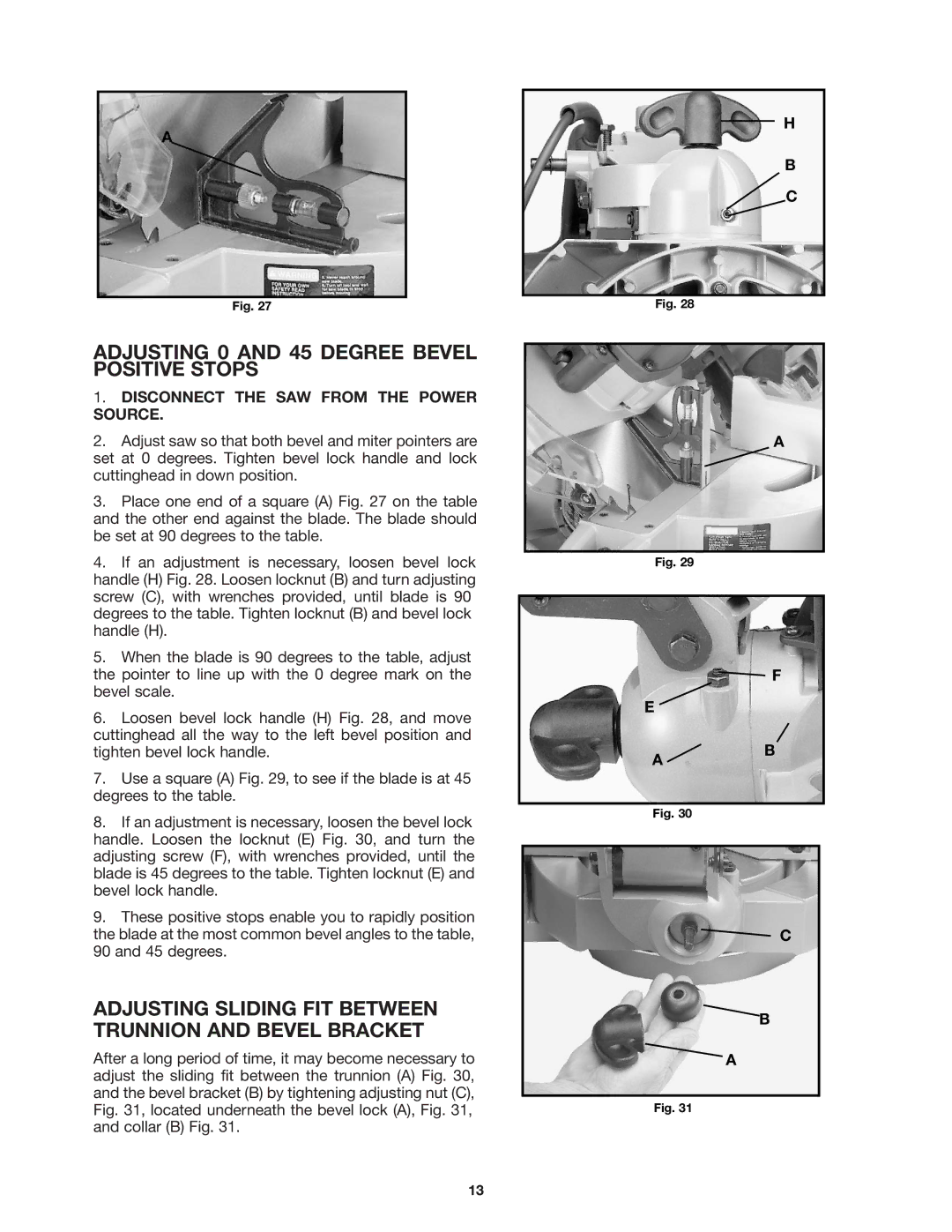 Porter-Cable 3802 Adjusting 0 and 45 Degree Bevel Positive Stops, Adjusting Sliding FIT Between Trunnion and Bevel Bracket 