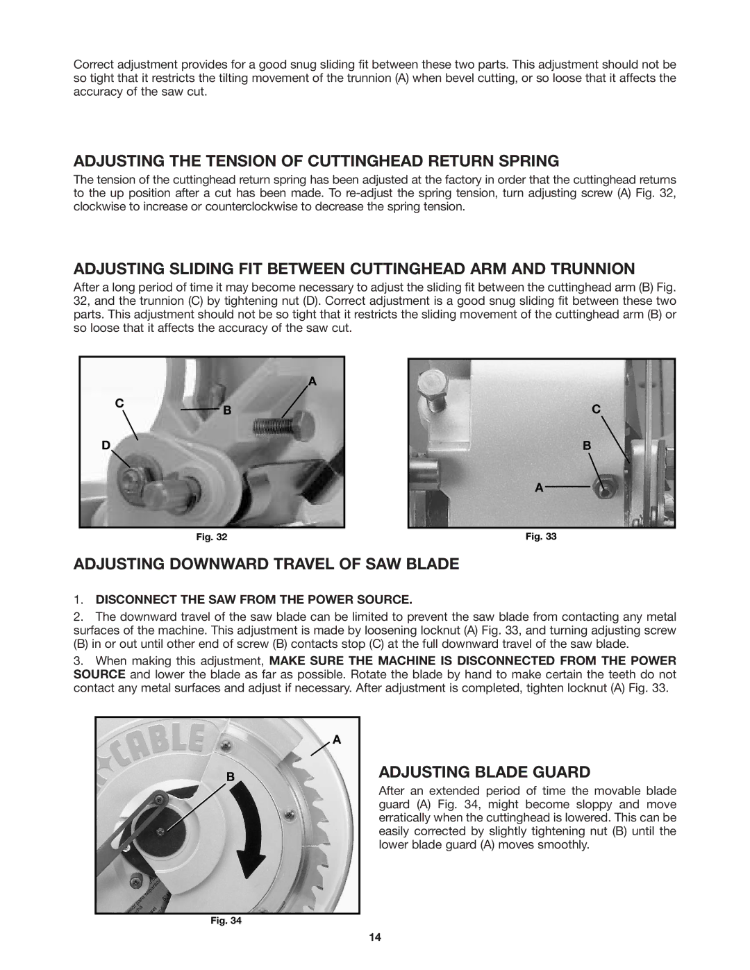 Porter-Cable 3802 Adjusting the Tension of Cuttinghead Return Spring, Adjusting Downward Travel of SAW Blade 