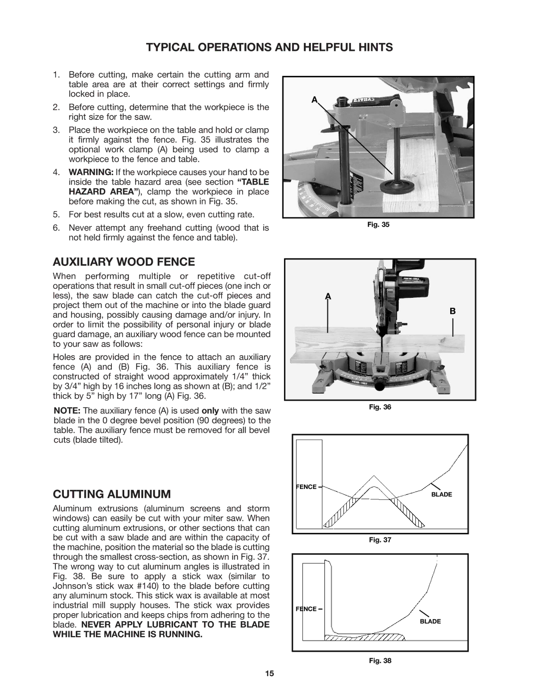 Porter-Cable 3802 instruction manual Typical Operations and Helpful Hints, Auxiliary Wood Fence, Cutting Aluminum 