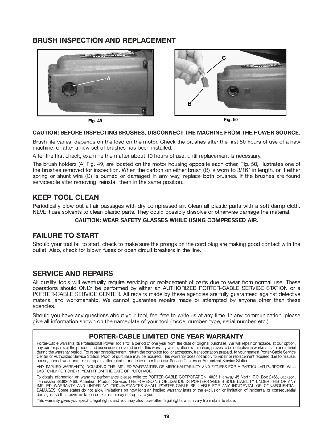 Porter-Cable 3802 Brush Inspection and Replacement, Keep Tool Clean, Failure to Start, Service and Repairs 