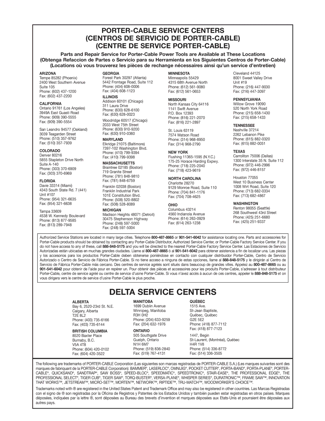 Porter-Cable 3802 instruction manual Delta Service Centers 