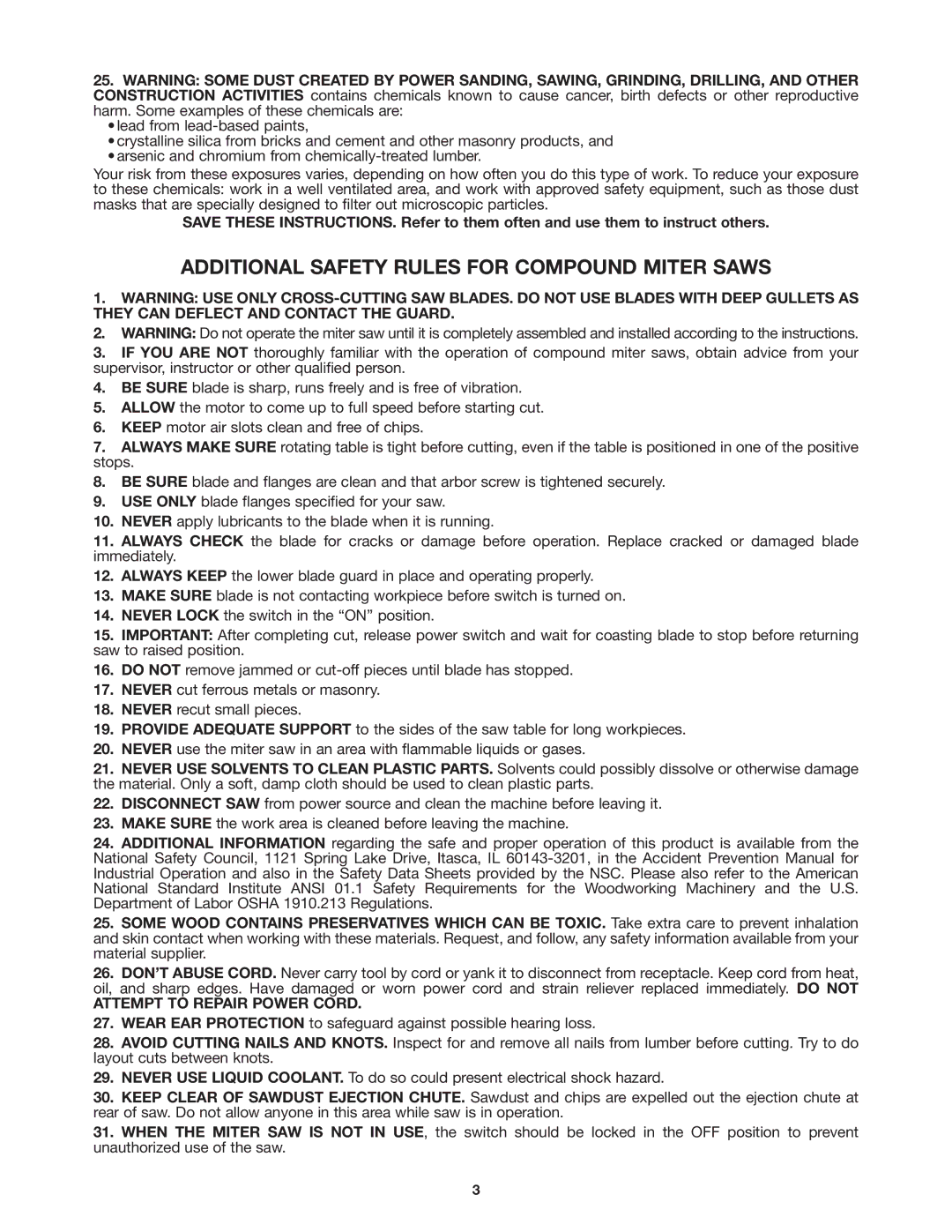 Porter-Cable 3802 instruction manual Additional Safety Rules for Compound Miter Saws, Attempt to Repair Power Cord 