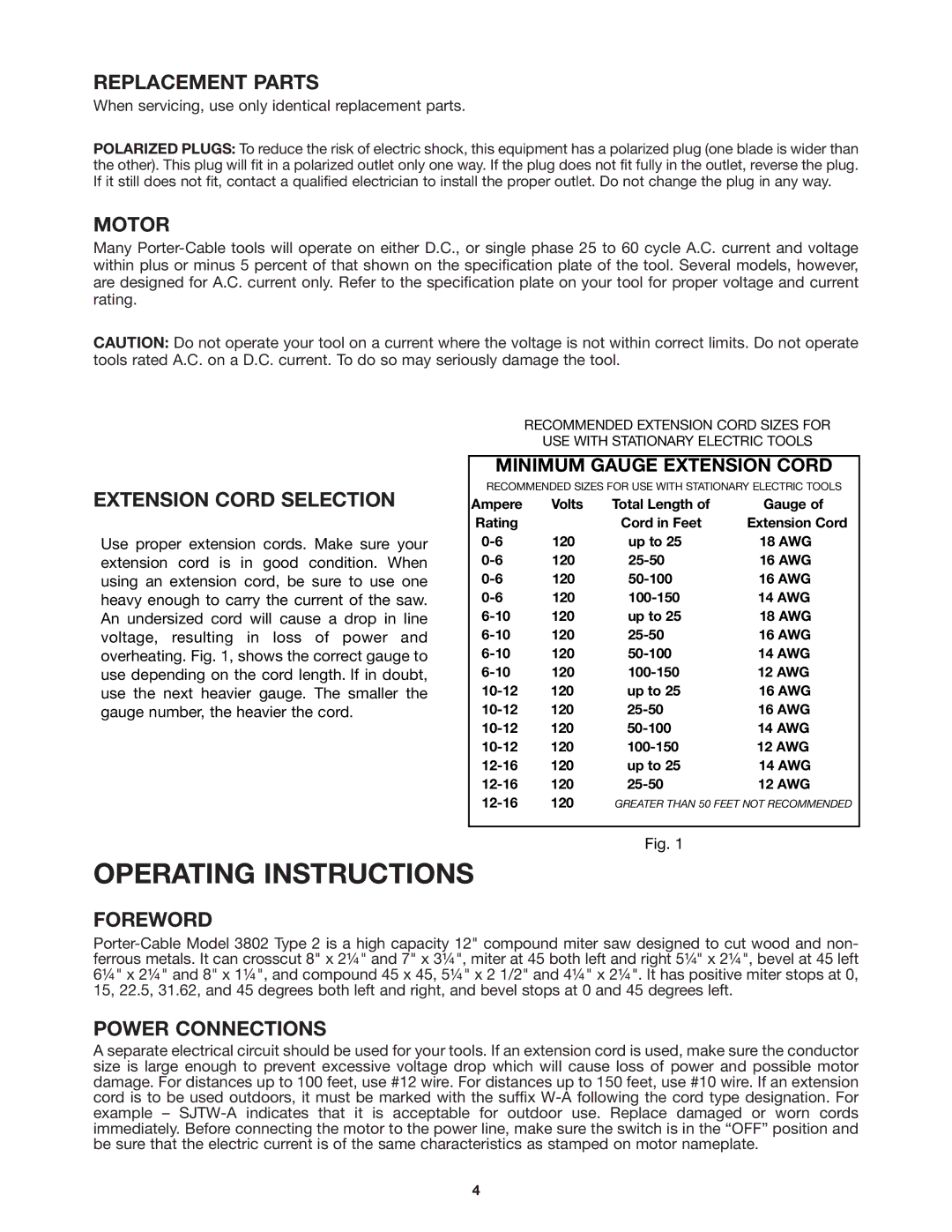 Porter-Cable 3802 instruction manual Replacement Parts, Motor, Extension Cord Selection, Foreword, Power Connections 