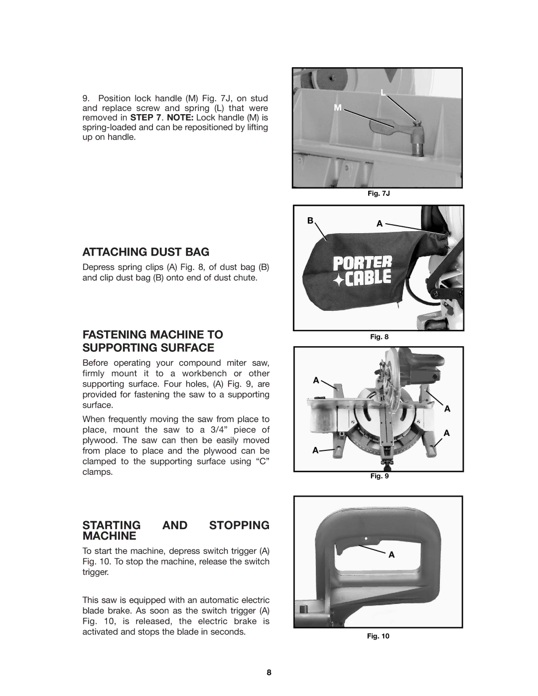 Porter-Cable 3802 Attaching Dust BAG, Fastening Machine to Supporting Surface, Starting and Stopping Machine 