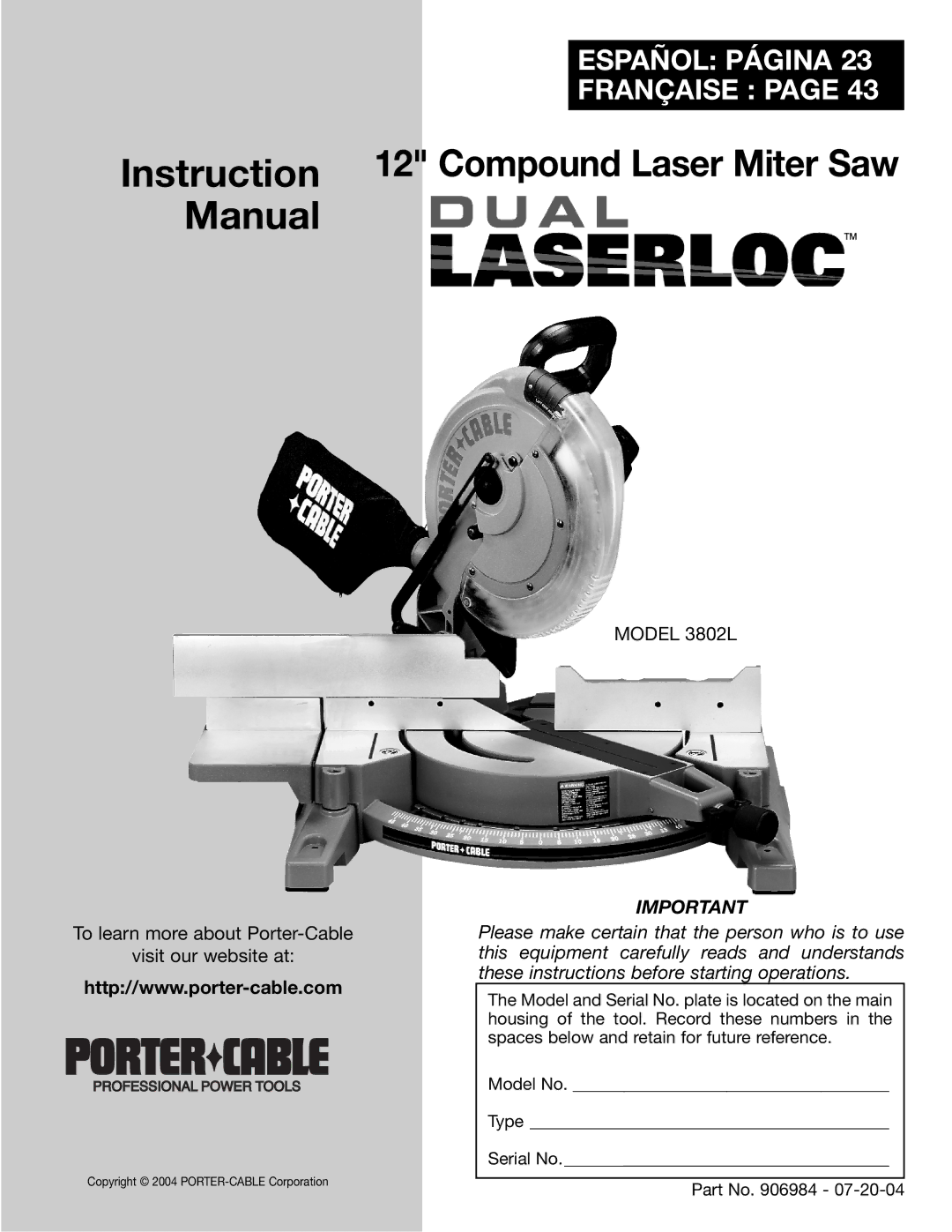 Porter-Cable 3802L instruction manual Manual, Español Página Française 