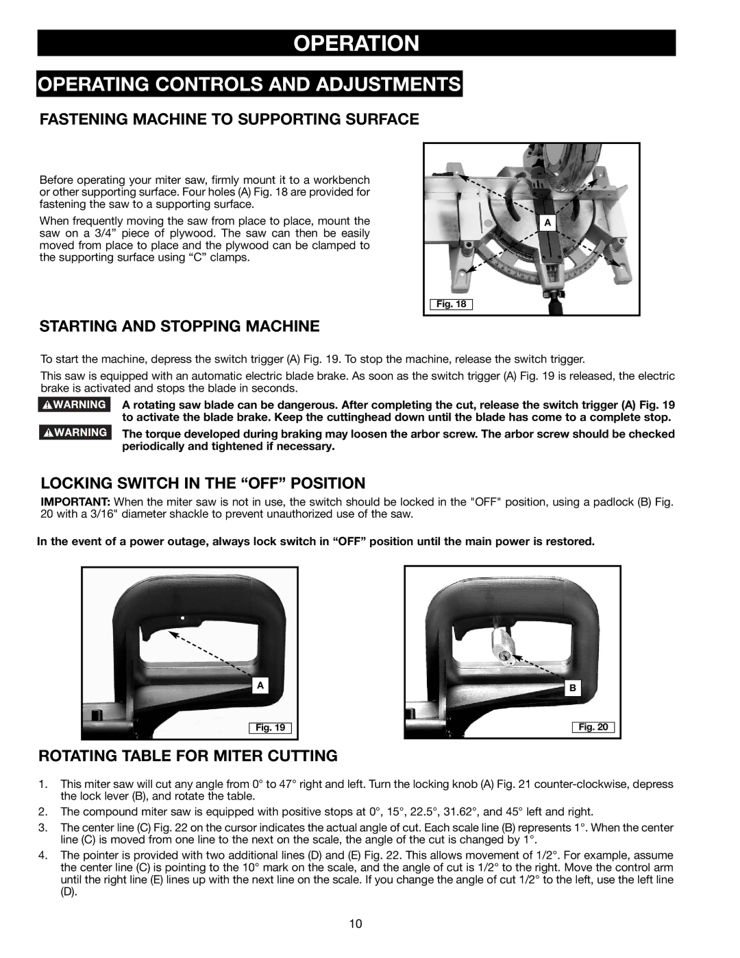 Porter-Cable 3802L instruction manual Operation, Fastening Machine to Supporting Surface, Starting and Stopping Machine 