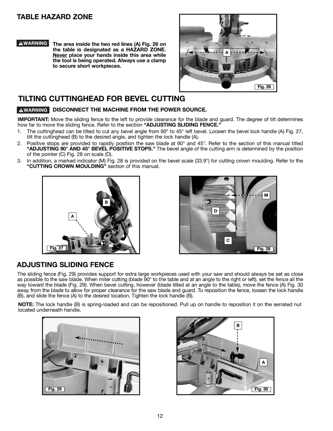 Porter-Cable 3802L instruction manual Tilting Cuttinghead for Bevel Cutting, Table Hazard Zone, Adjusting Sliding Fence 