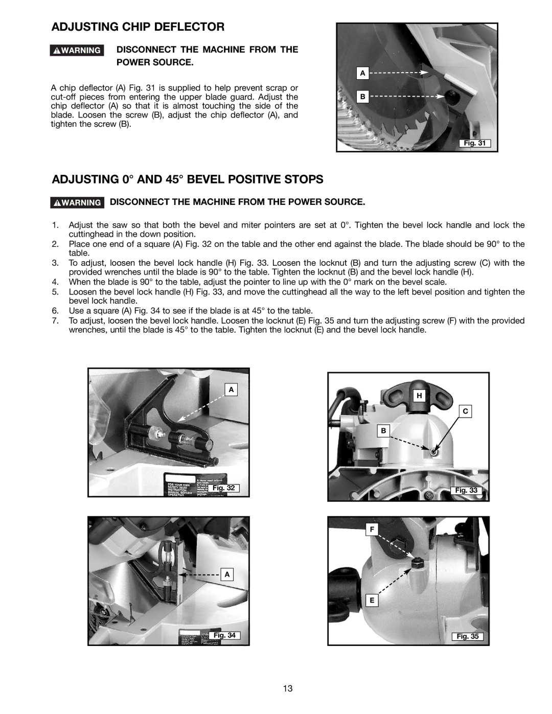 Porter-Cable 3802L instruction manual Adjusting Chip Deflector, Adjusting 0 and 45 Bevel Positive Stops 