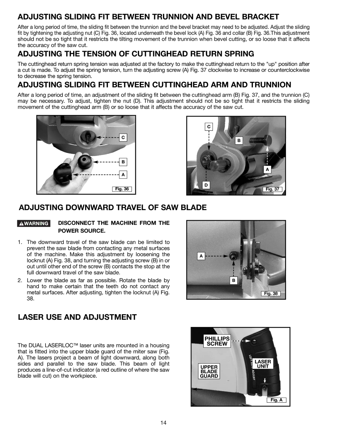 Porter-Cable 3802L Adjusting Sliding FIT Between Trunnion and Bevel Bracket, Adjusting Downward Travel of SAW Blade 