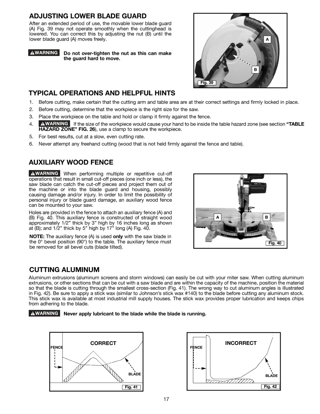 Porter-Cable 3802L Adjusting Lower Blade Guard, Typical Operations and Helpful Hints, Auxiliary Wood Fence 