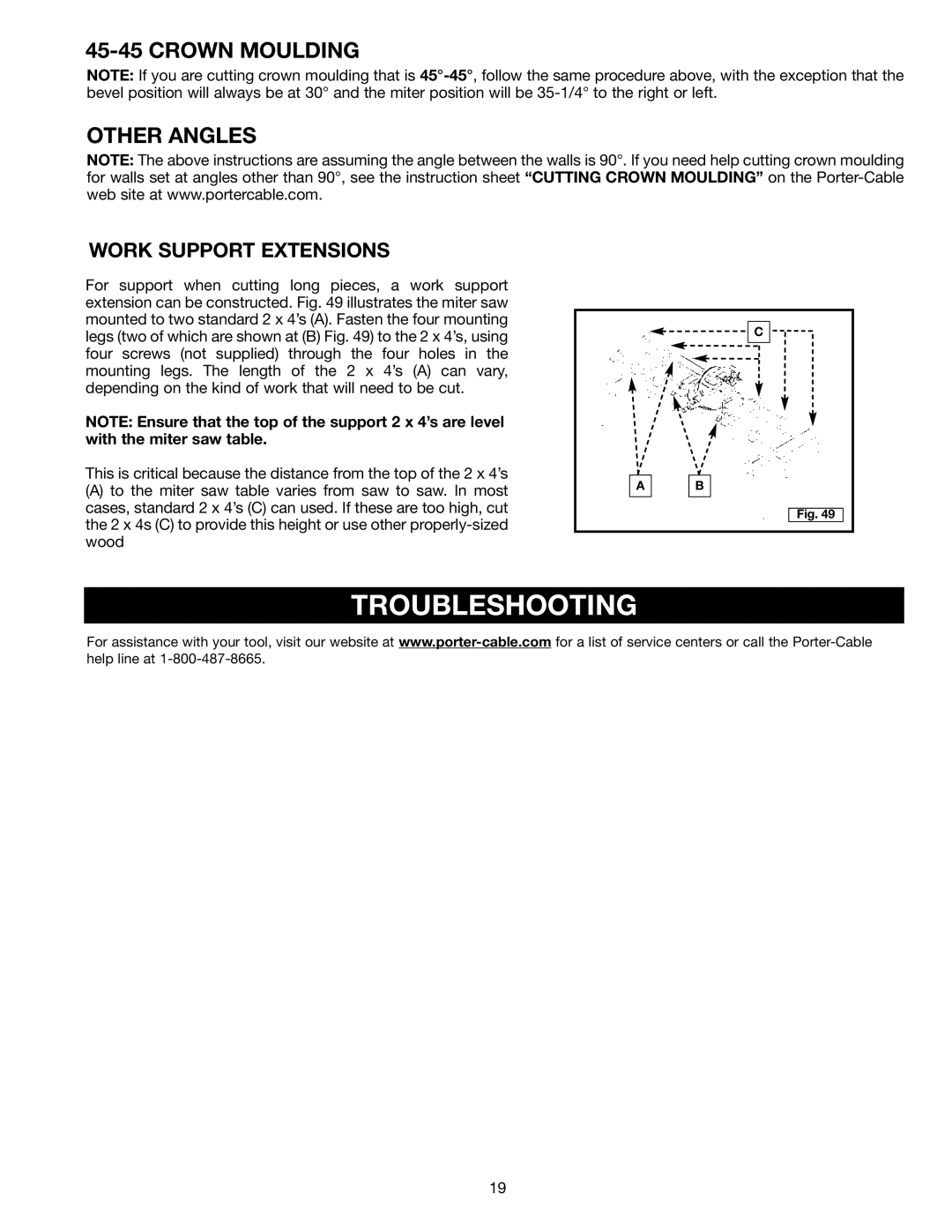 Porter-Cable 3802L instruction manual Troubleshooting, Crown Moulding Other Angles, Work Support Extensions 