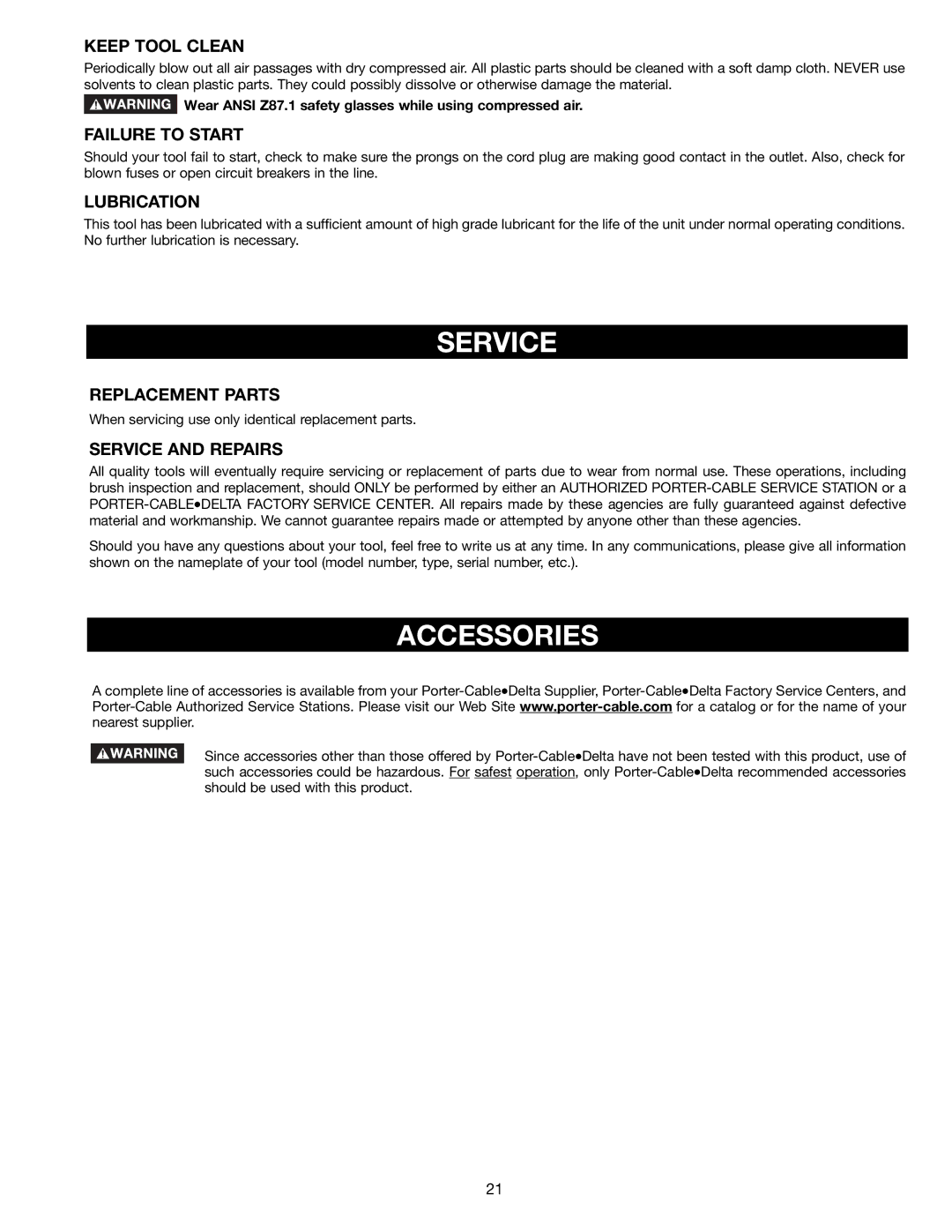 Porter-Cable 3802L instruction manual Service, Accessories 