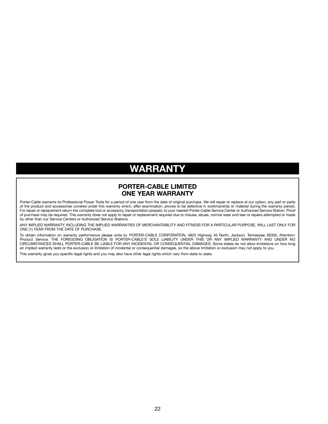 Porter-Cable 3802L instruction manual PORTER-CABLE Limited ONE Year Warranty 