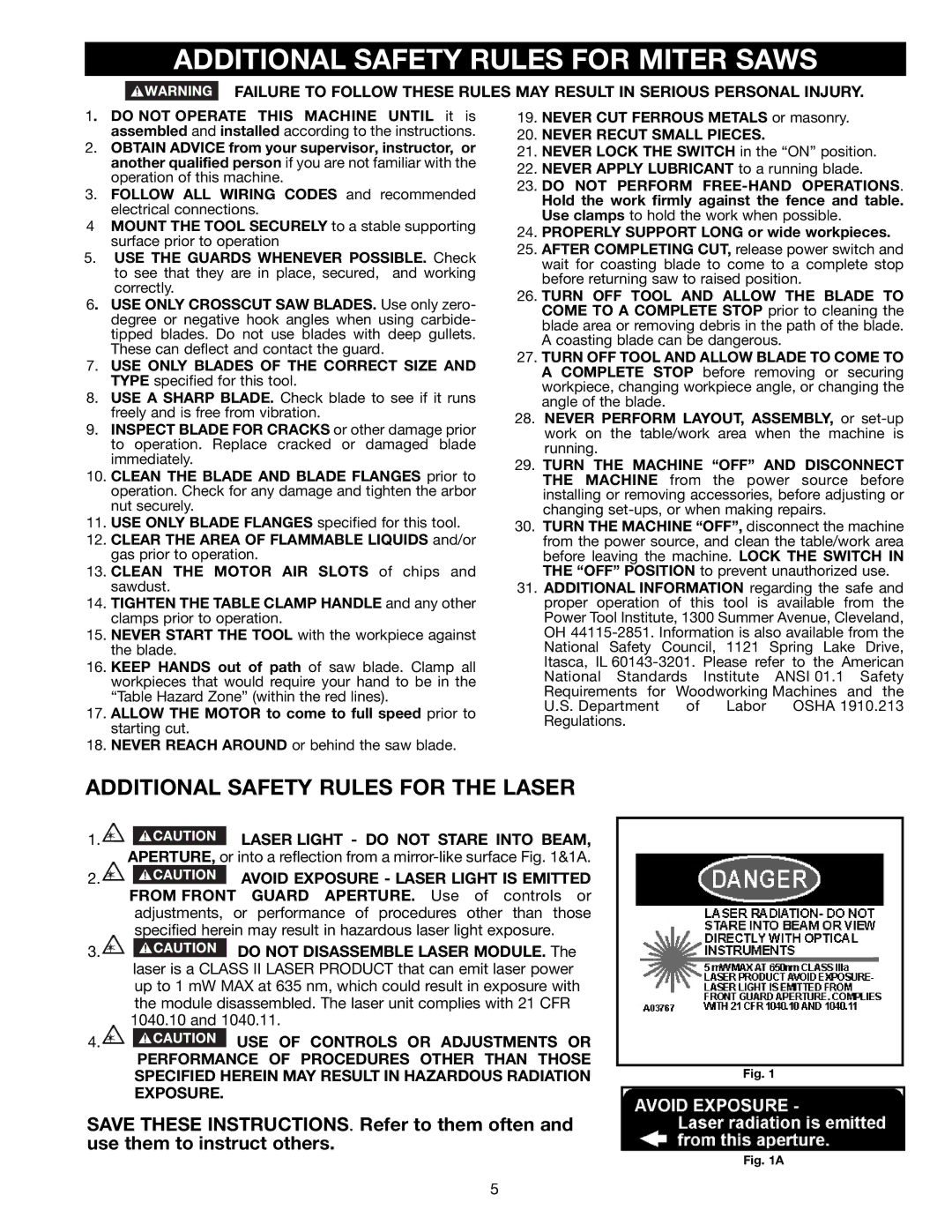 Porter-Cable 3802L instruction manual Additional Safety Rules for Miter Saws, Additional Safety Rules for the Laser 