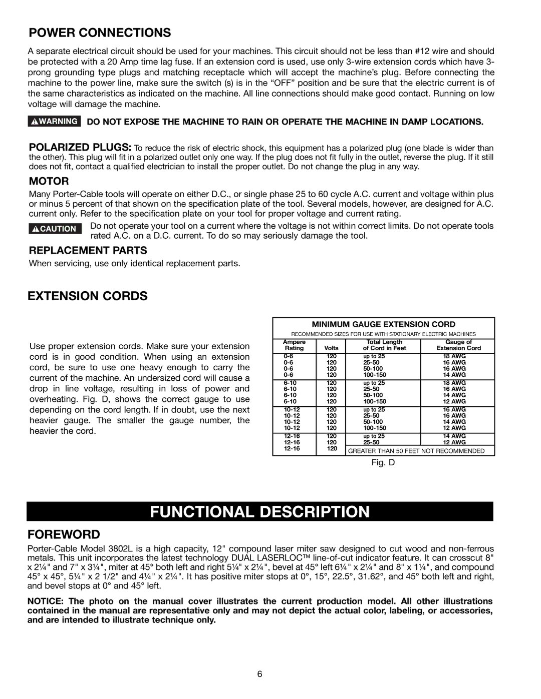 Porter-Cable 3802L instruction manual Functional Description, Power Connections, Extension Cords, Foreword 