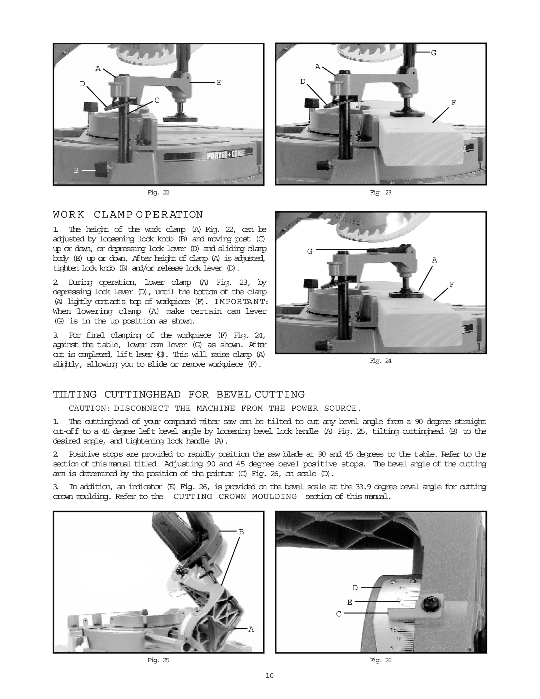 Porter-Cable 3807 Work Clamp Operation, Tilting Cuttinghead for Bevel Cutting, Is in the up position as shown 