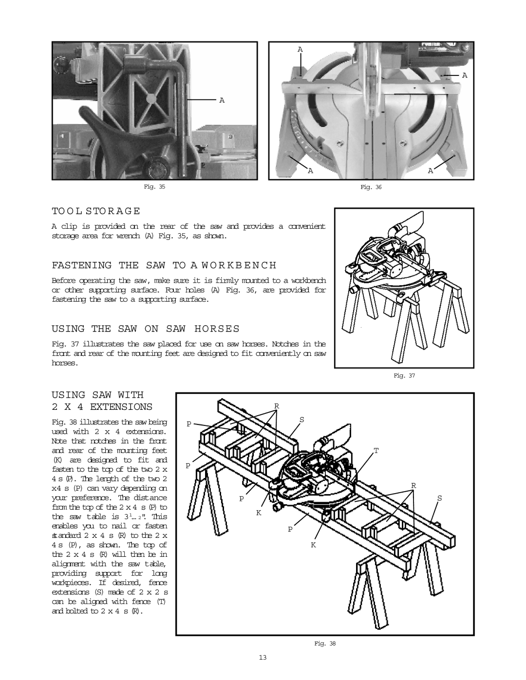 Porter-Cable 3807 To O L STO R a G E, Fastening the SAW to a W O R K B E N C H, Using the SAW on SAW Horses, For 