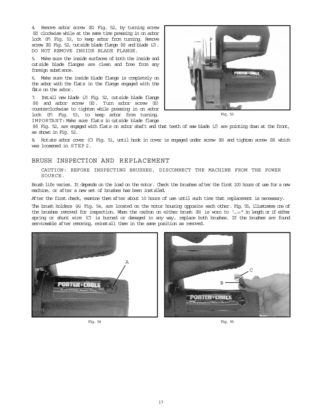 Porter-Cable 3807 instruction manual Brush Inspection and Replacement, Foreign substance, Flats on the arbor 