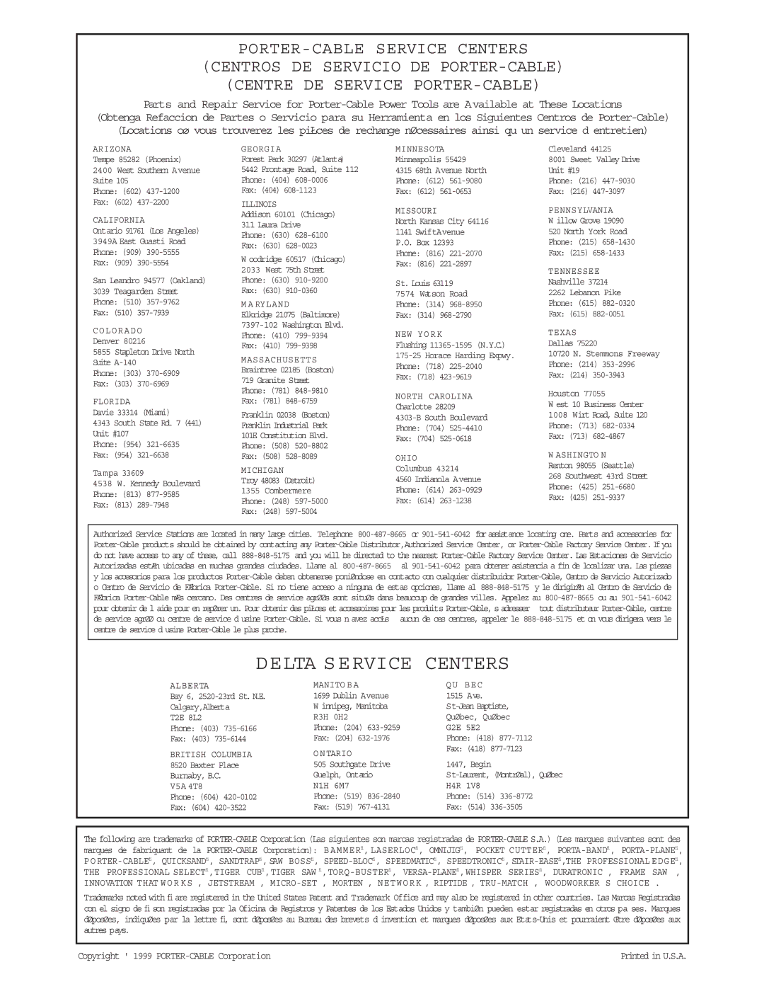 Porter-Cable 3807 instruction manual Delta Service Centers 