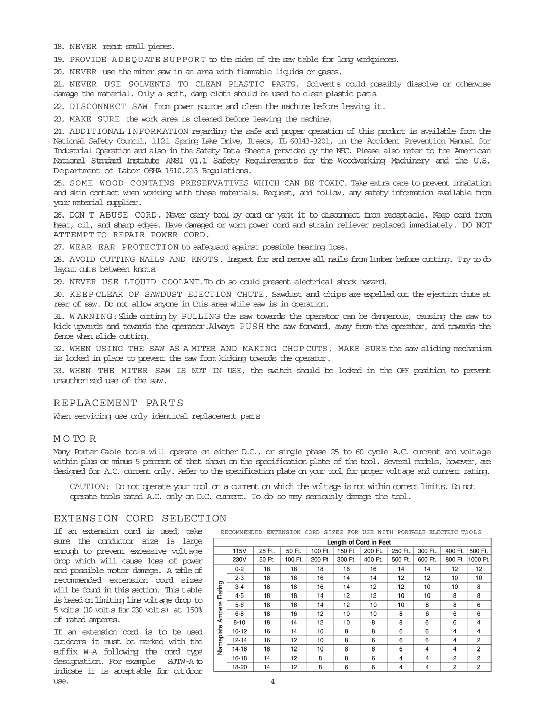Porter-Cable 3807 Replacement Parts, To R, Extension Cord Selection, When servicing use only identical replacement parts 