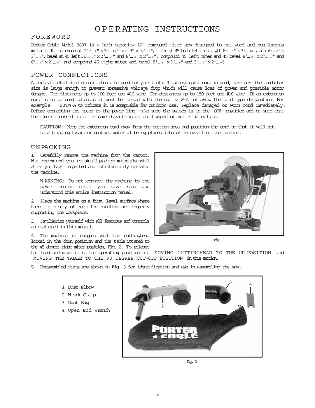 Porter-Cable 3807 Operating Instructions, R E W O R D, Power Connections, Packing, Machine is shipped with the cuttinghead 